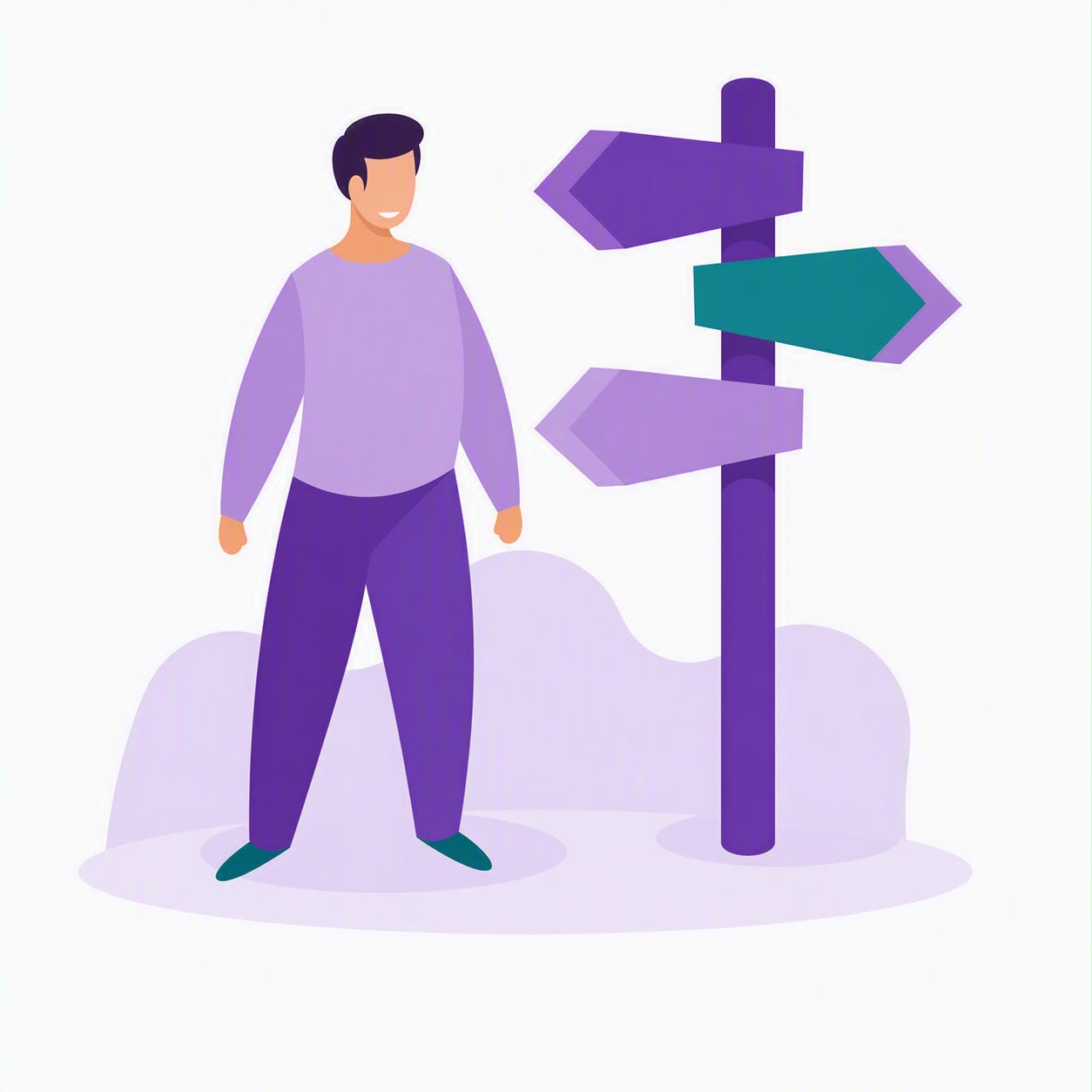 Man standing beside a signpost with multiple directions