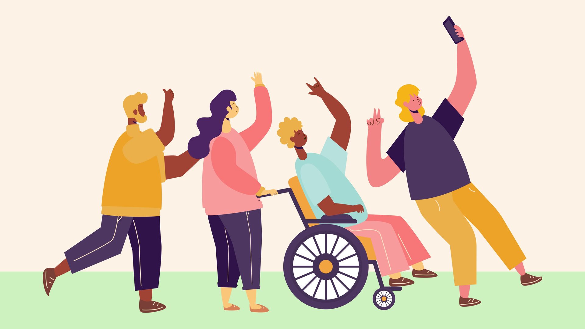 A group of friends celebrating together, including a person in a wheelchair
