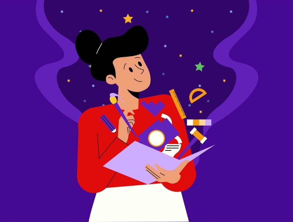 Woman holding a folder with creative tools and ideas emerging from it