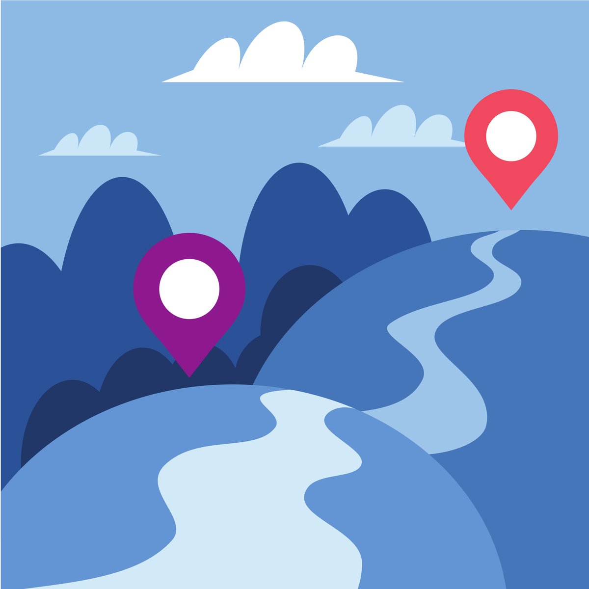 Two map pins on a winding road through hills