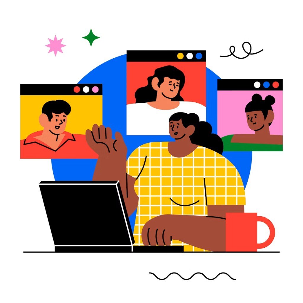 Person waving during an online training session with colleagues on screen
