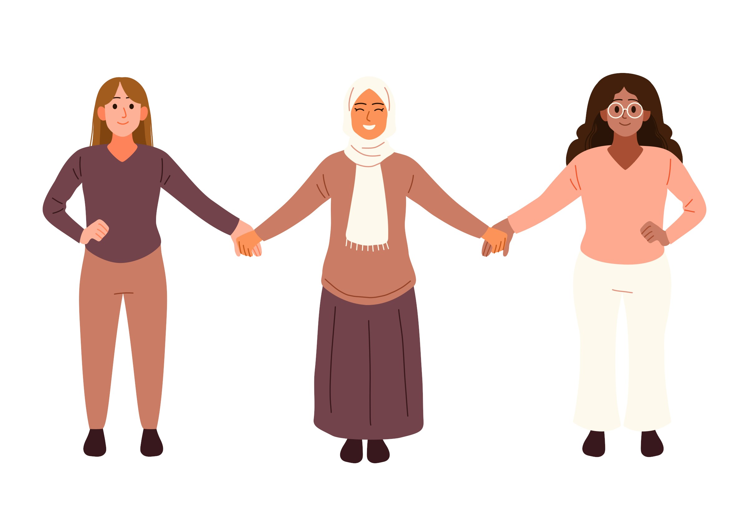 Three women linking arms and facing forwards