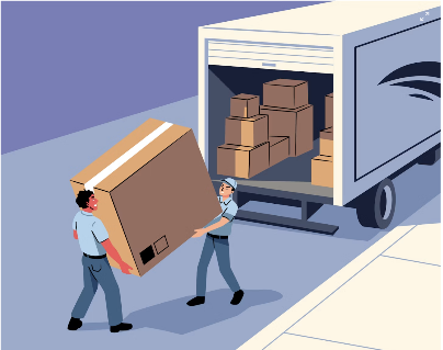 Two men carry a large box towards a moving truck
