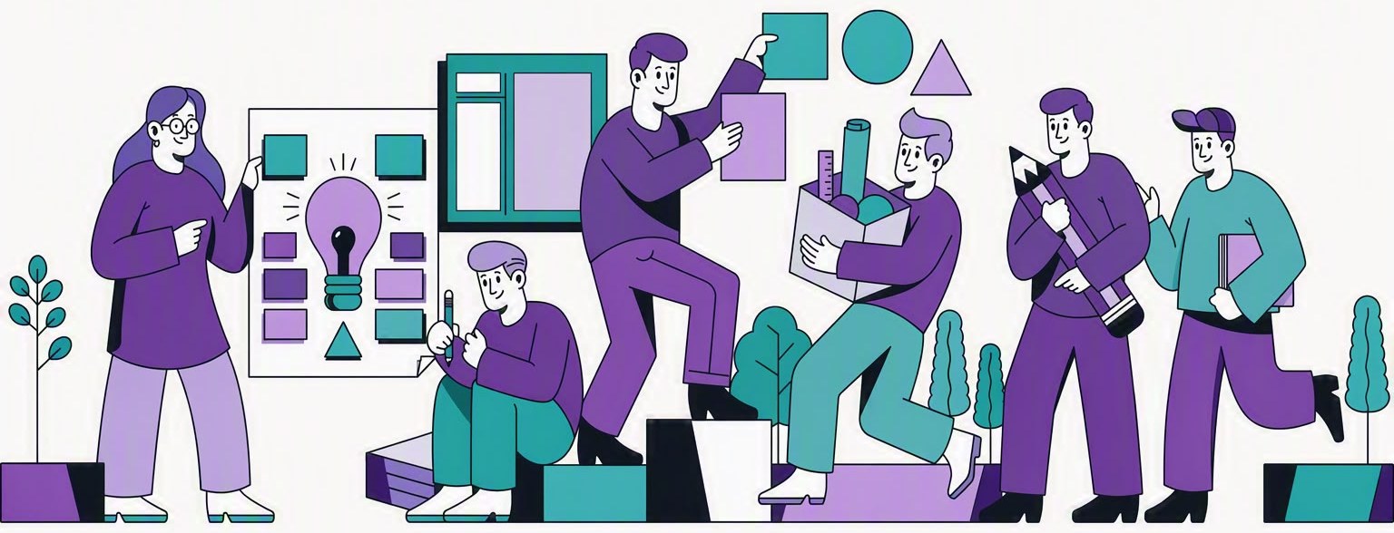 A team of people working creatively together with ideas and building blocks